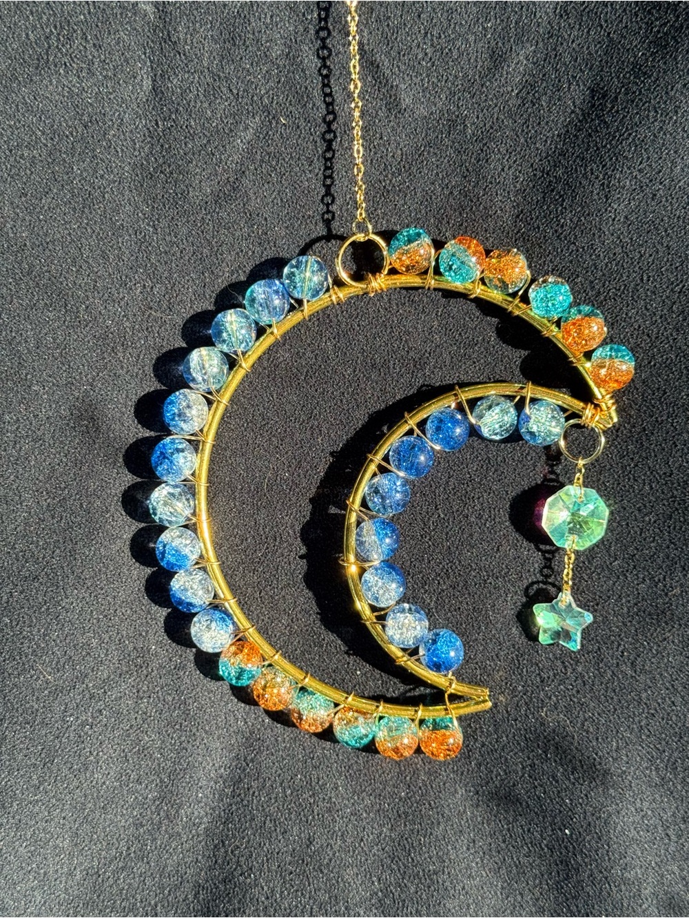 Gold Moon Sun Catcher with Blue, Teal & Orange Ice Crackle Beads